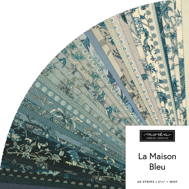 Digital collage of the Jelly Roll Bundle from the La Maison Bleu fabric collection.