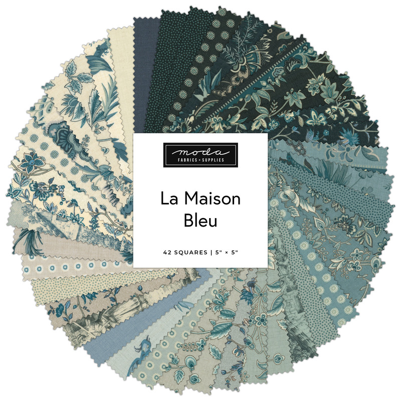 Digital collage of the Charm Pack Bundle from the La Maison Bleu fabric collection.