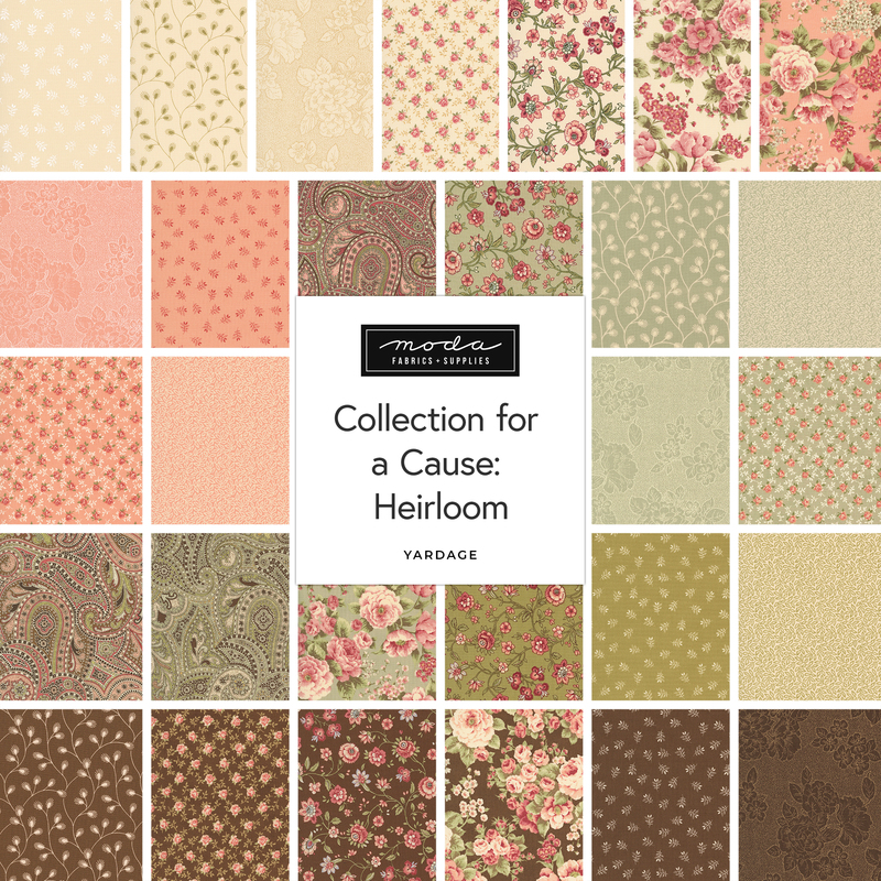 A fabric collage featuring rustic fabrics from the Collection for a Cause: Heirloom by Moda. 