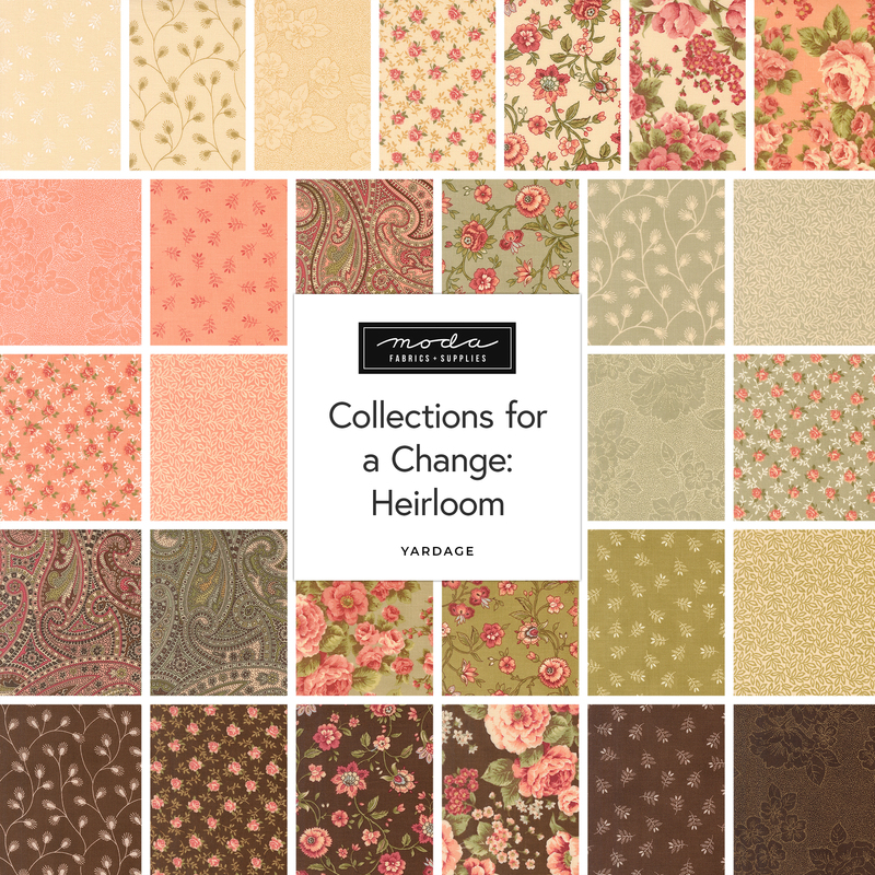 A fabric collage featuring rustic fabrics from the Collections for a Cause: Heirloom by Moda. 