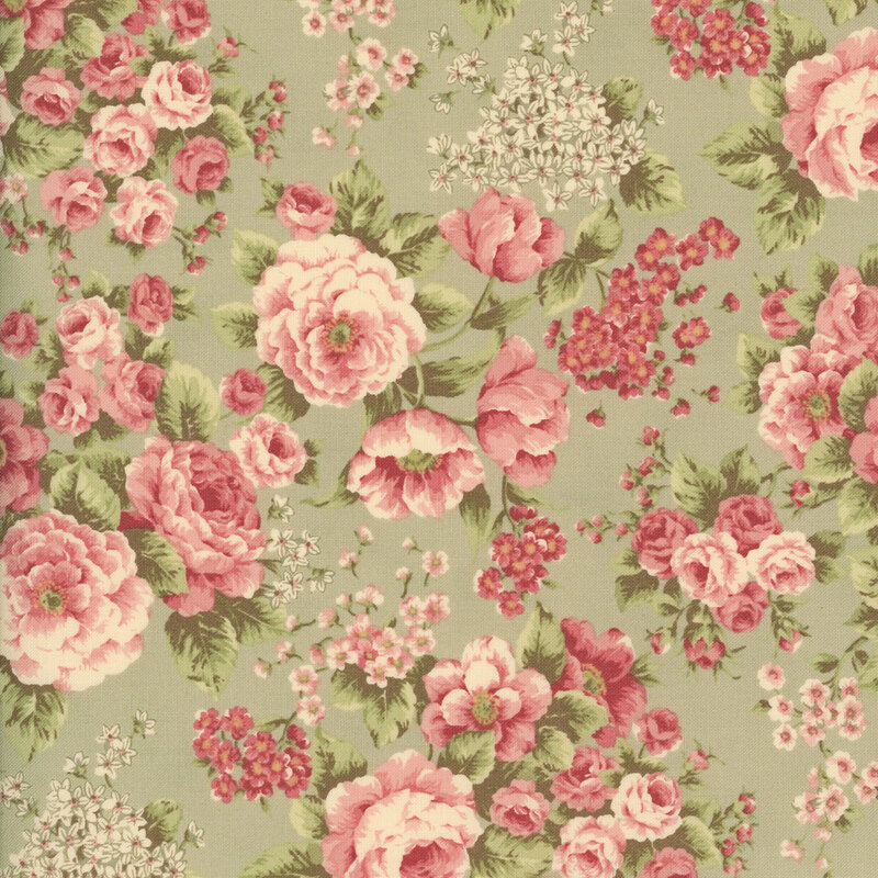 celadon green fabric with an elegant pattern of large, stylized florals.