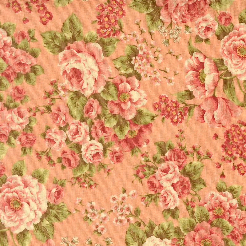 Salmon fabric with an elegant pattern of large, stylized florals.