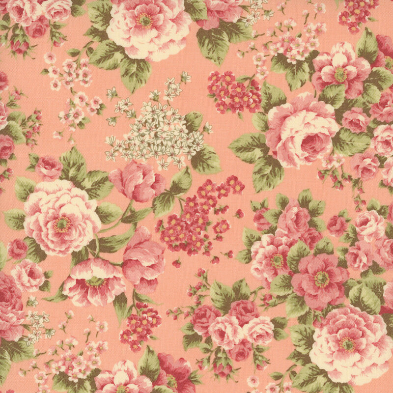 Salmon fabric with an elegant pattern of large, stylized florals.
