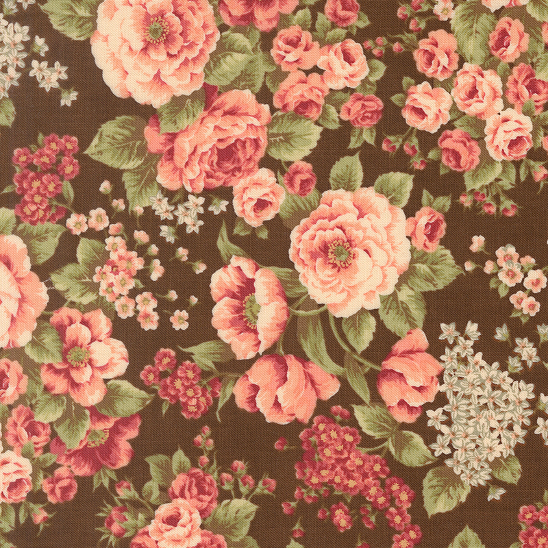 Brown fabric with an elegant pattern of large, stylized florals.