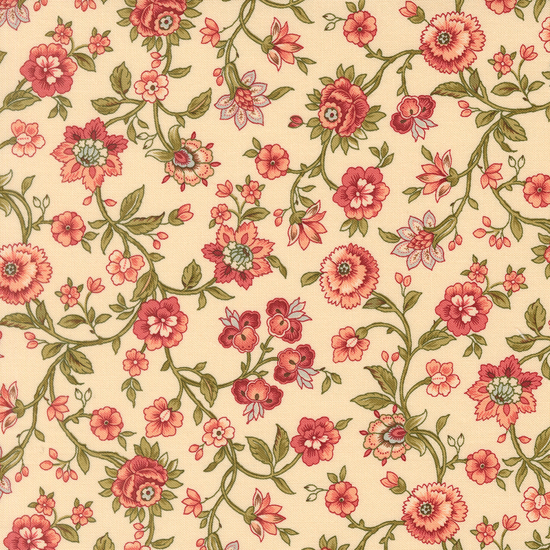 Straw fabric with an elegant pattern of winding vines and stylized Jacobean flowers.