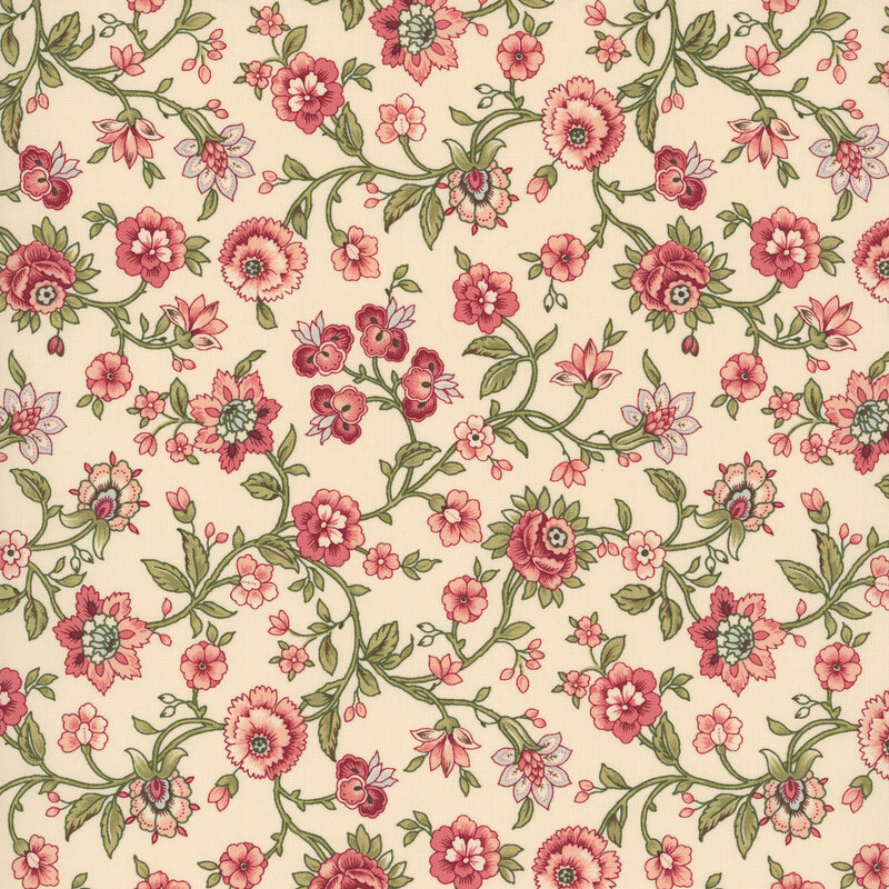 cream fabric with an elegant pattern of winding vines and stylized Jacobean flowers.