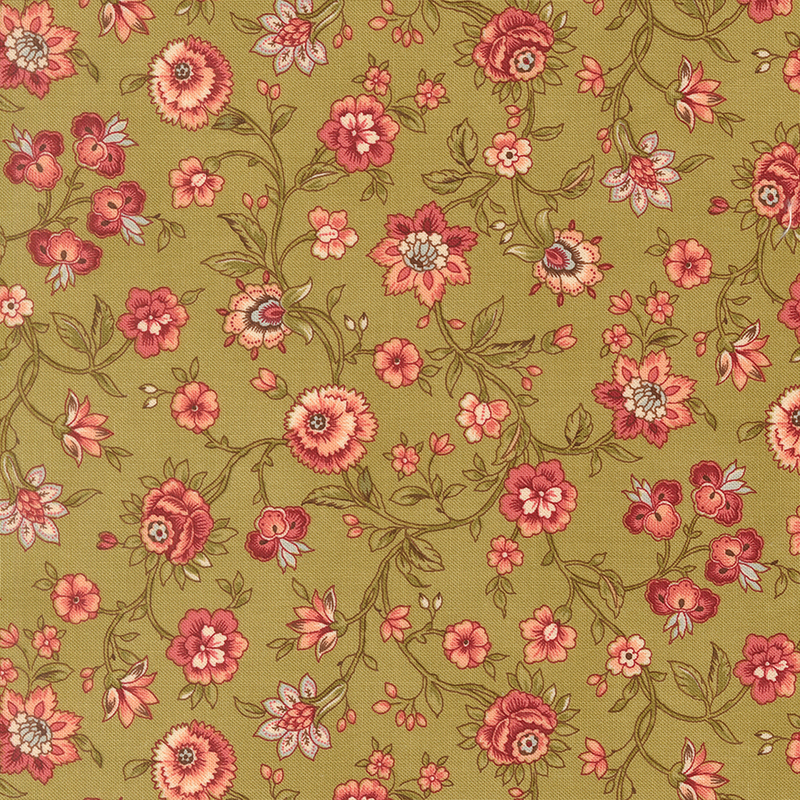 Green fabric with an elegant pattern of winding vines and stylized Jacobean flowers.