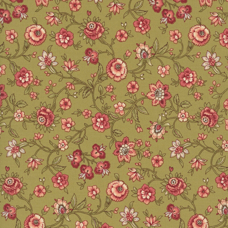 olive green fabric with an elegant pattern of winding vines and stylized Jacobean flowers.