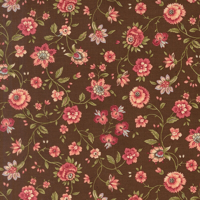 Brown fabric with an elegant pattern of winding vines and stylized Jacobean flowers.