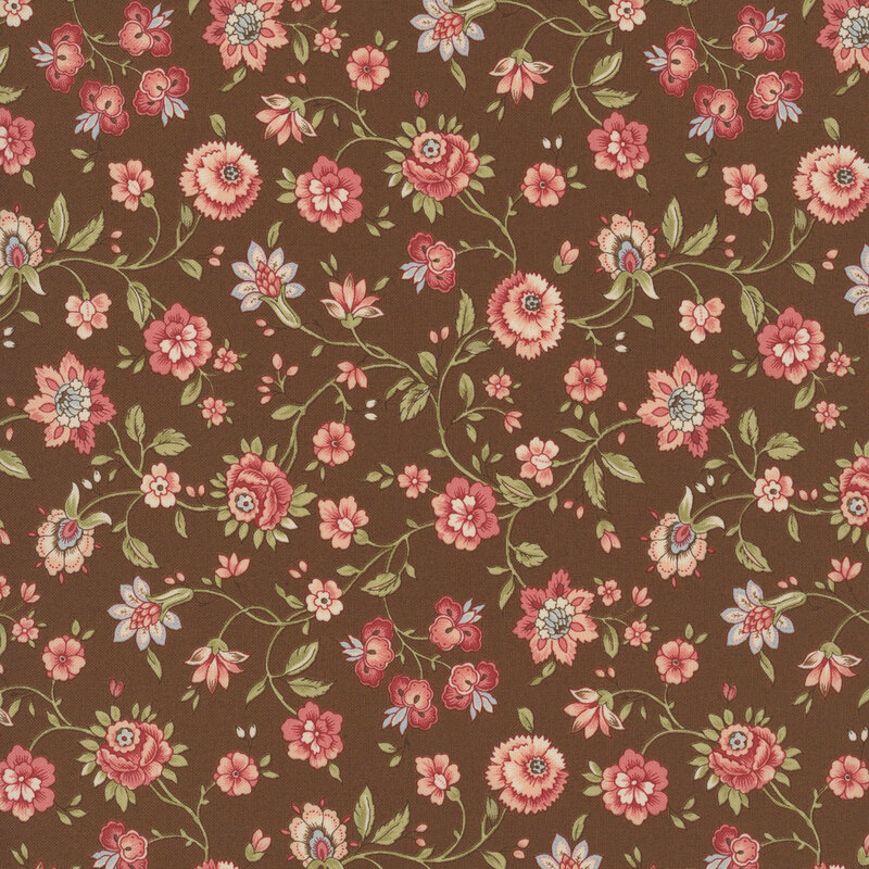Brown fabric with an elegant pattern of winding vines and stylized Jacobean flowers.