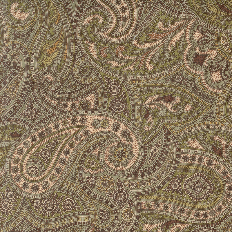 Green fabric with an intricate overlapping paisley pattern accented with stylized floral elements.