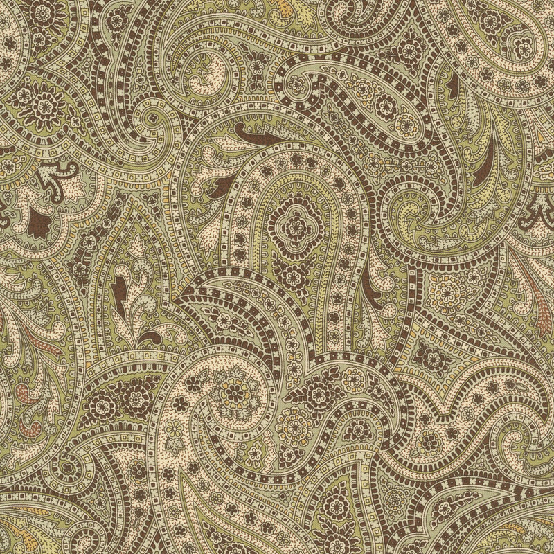 Green fabric with an intricate overlapping paisley pattern accented with stylized floral elements.