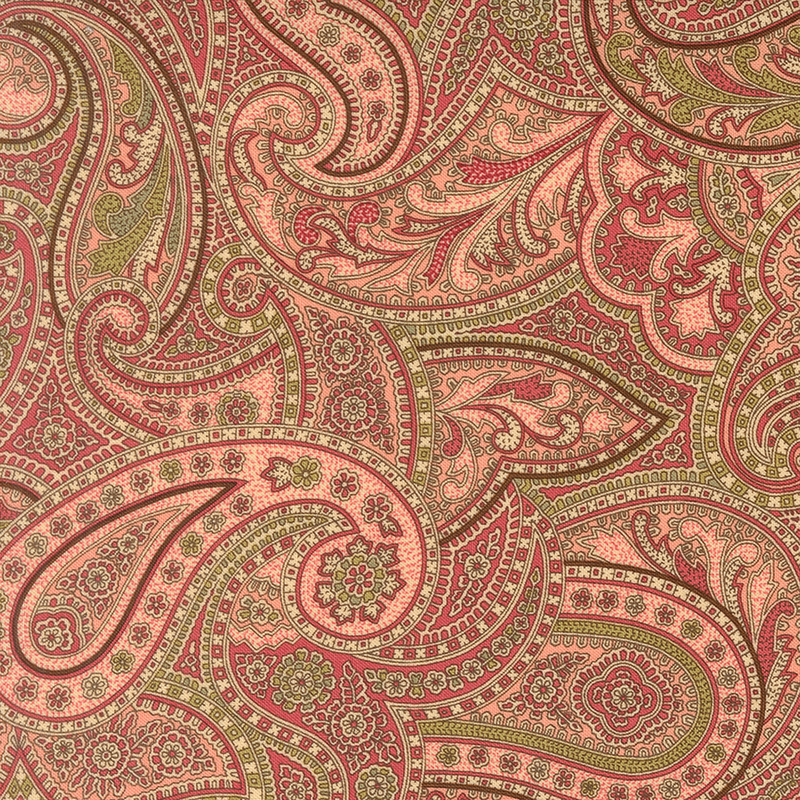 Pink fabric with an intricate overlapping paisley pattern accented with stylized floral elements.