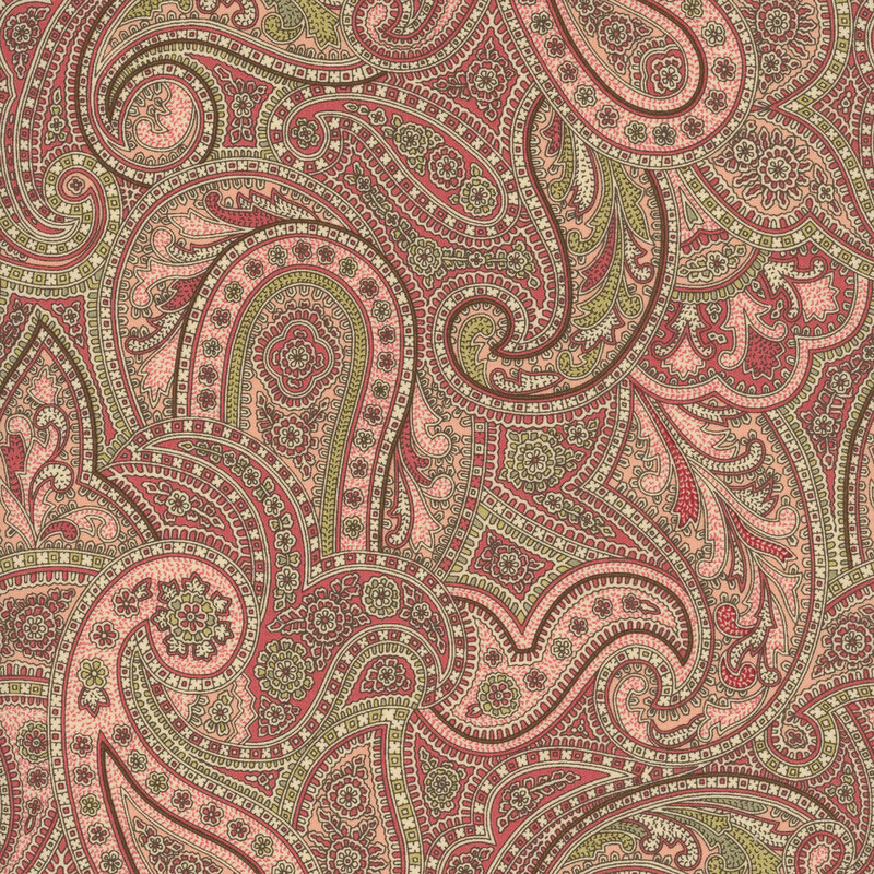 Pink fabric with an intricate overlapping paisley pattern accented with stylized floral elements.