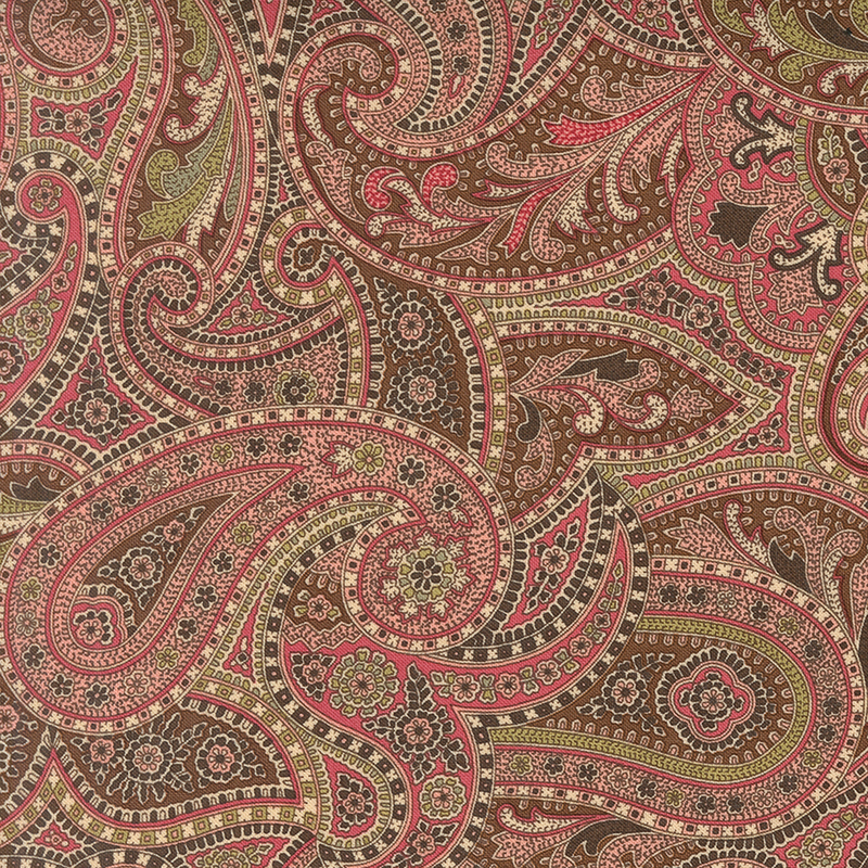 Brown fabric with an intricate overlapping paisley pattern accented with stylized floral elements.