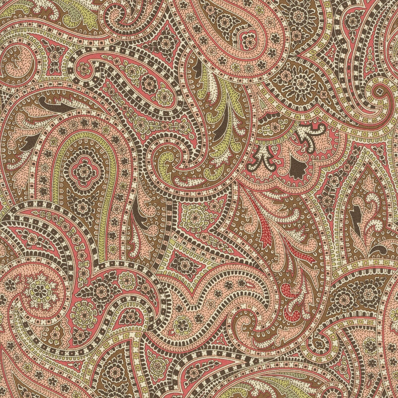 Brown fabric with an intricate overlapping paisley pattern accented with stylized floral elements.