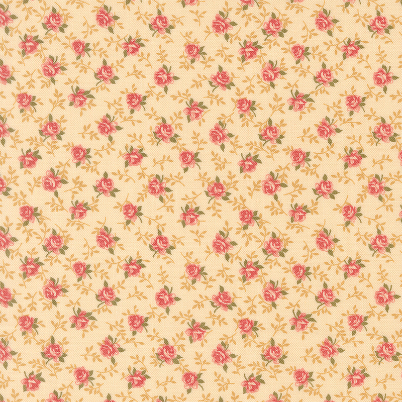 Straw fabric with a charming tossed pattern of graceful roses and winding vines.