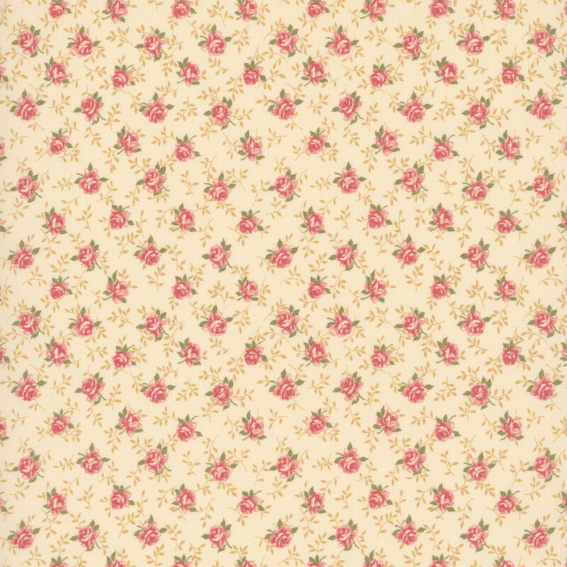 cream fabric with a charming tossed pattern of graceful roses and winding vines.