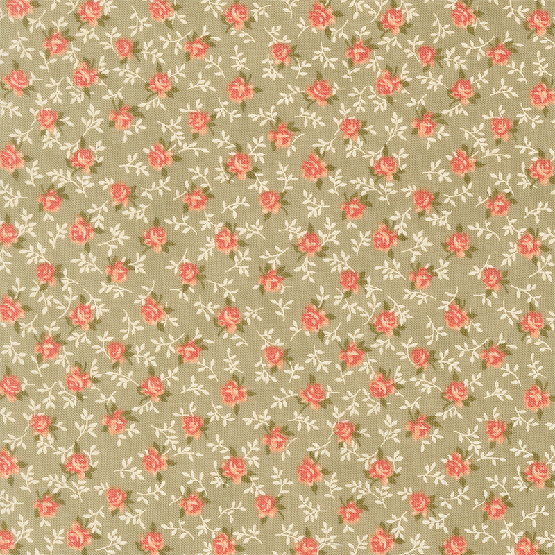 green fabric with a charming tossed pattern of graceful roses and winding vines.