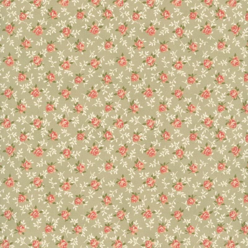 green fabric with a charming tossed pattern of graceful roses and winding vines.