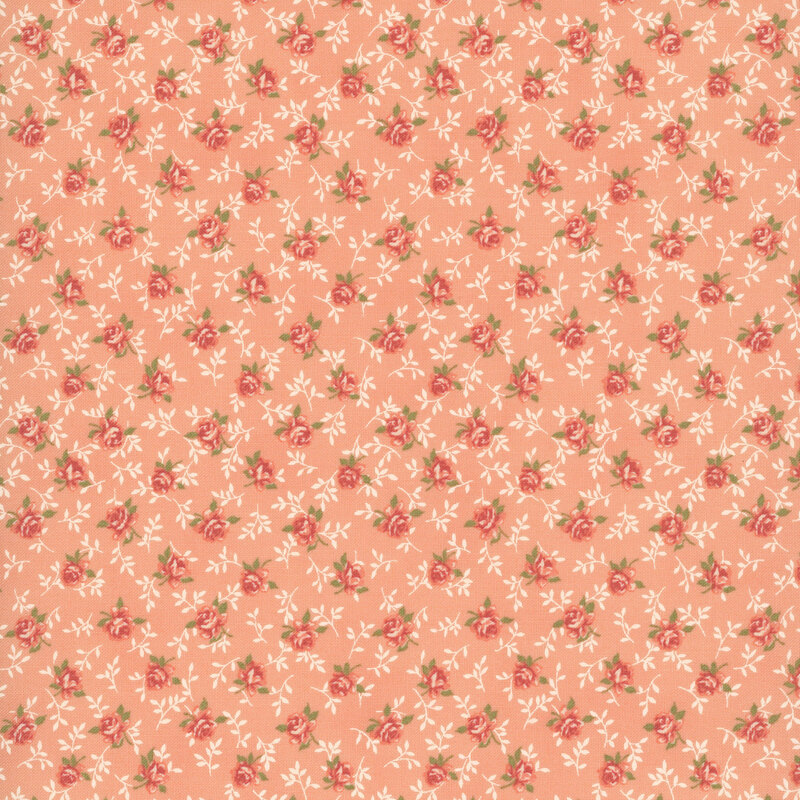 Salmon fabric with a charming tossed pattern of graceful roses and winding vines.