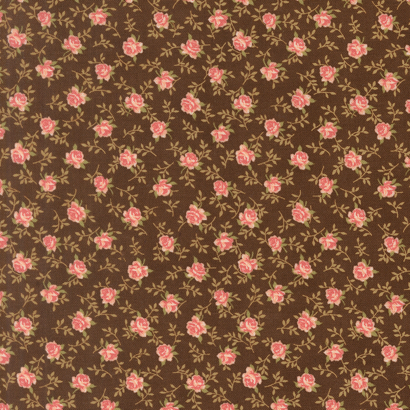 Brown fabric with a charming tossed pattern of graceful roses and winding vines.