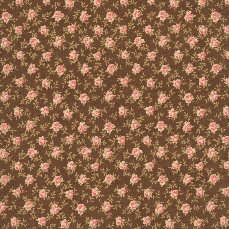Brown fabric with a charming tossed pattern of graceful roses and winding vines.
