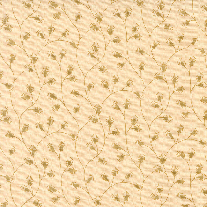 Straw fabric with a delicate pattern of brown vines adorned with stylized leaves. 