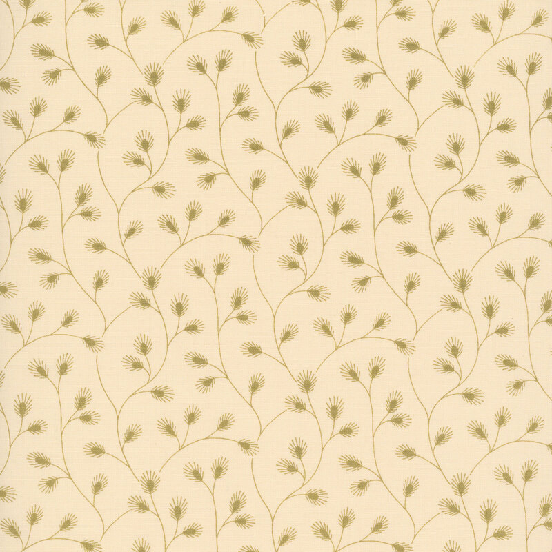 cream fabric with a delicate pattern of olive vines adorned with stylized leaves. 