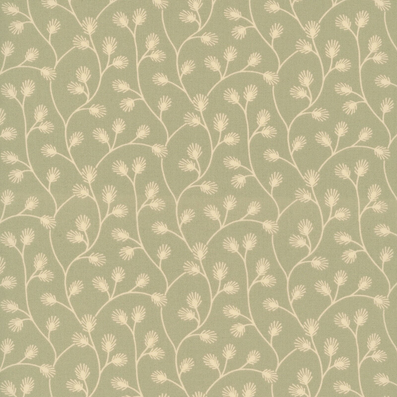Light green fabric with a delicate pattern of cream vines adorned with stylized leaves. 