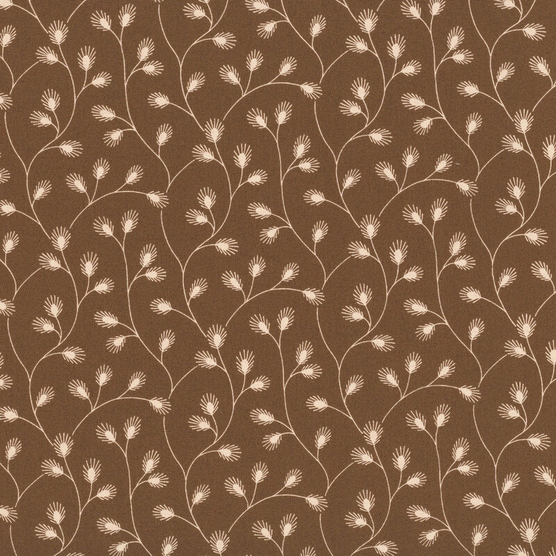 Brown fabric with a delicate pattern of cream vines adorned with stylized leaves