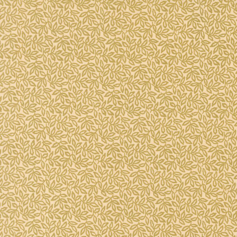 Tan fabric with an intricate pattern of densely arranged leaves and winding vines.