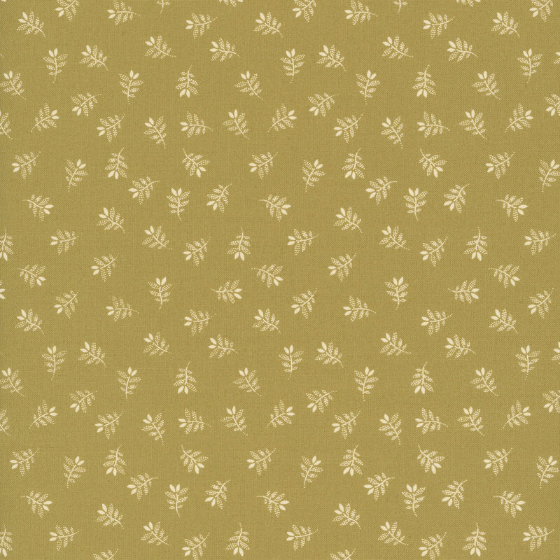 olive green fabric with a charming tossed pattern of gracefully stylized leaves.