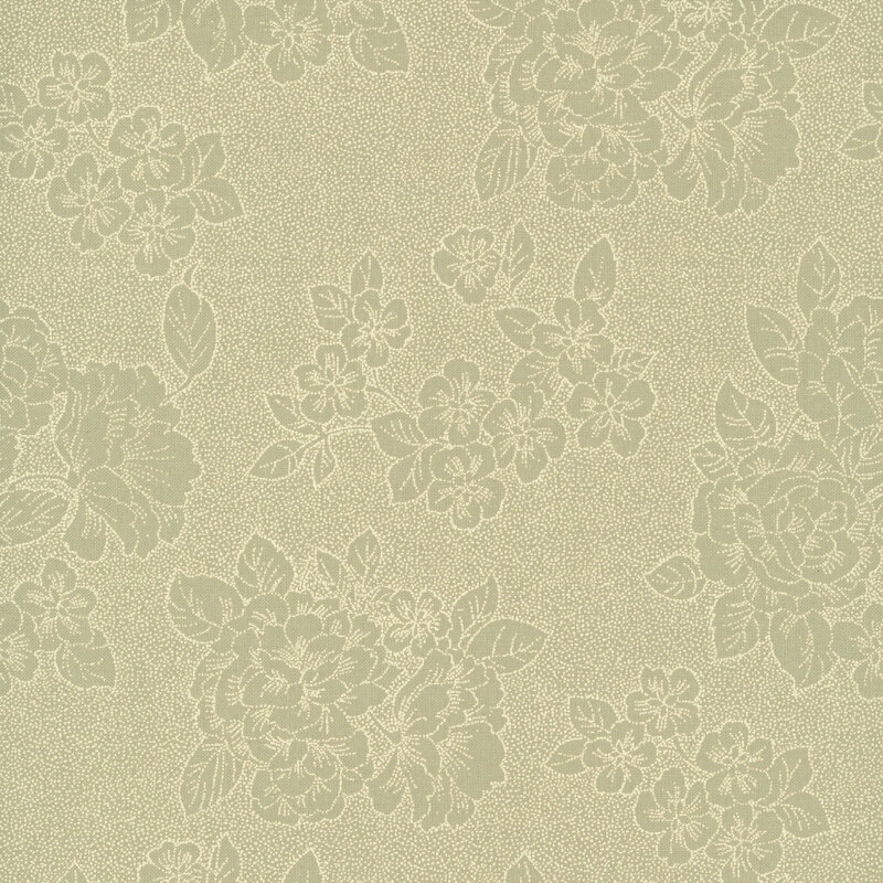 Light green fabric with a stylized floral pattern composed of delicate speckled dots.