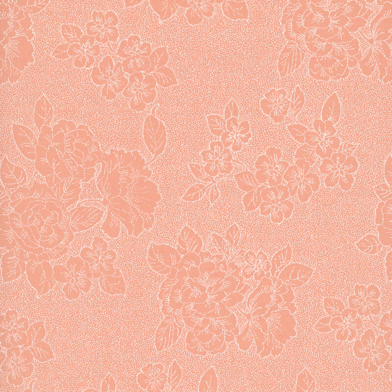 Salmon fabric with a stylized floral pattern composed of delicate speckled dots.