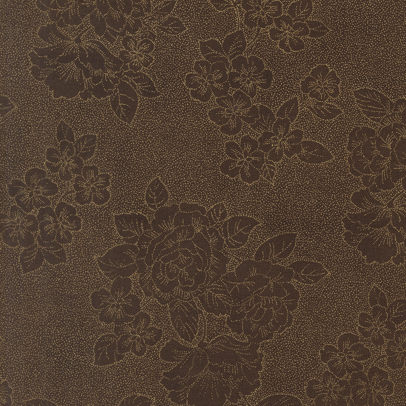 brown fabric with a stylized floral pattern composed of delicate speckled dots.
