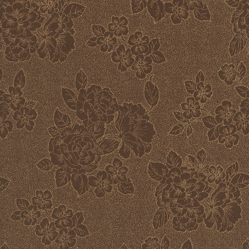 brown fabric with a stylized floral pattern composed of delicate speckled dots.