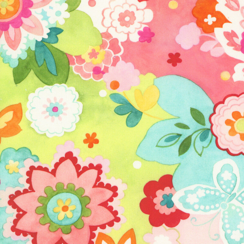 vibrant multicolored florals on a pear colored background.