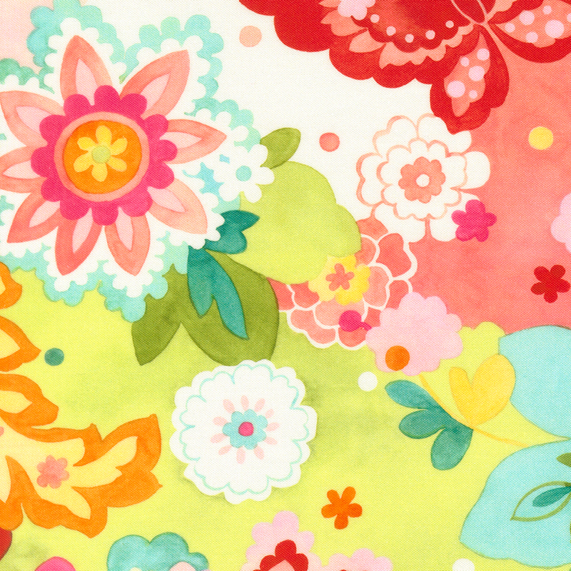 vibrant multicolored florals on a pear colored background.