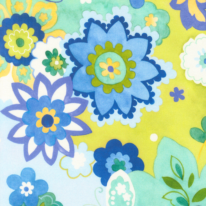 blue, green, and aqua florals on a pear colored background.