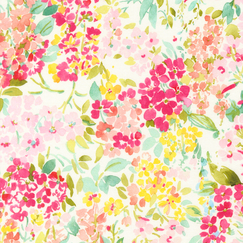 packed pattern of fuchsia, mint, peach, yellow, and pale pink florals with green hued leaves on a white background.