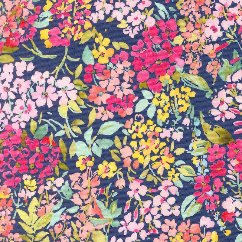 packed pattern of fuchsia, baby pink, peach, and yellow florals with green and aqua hued leaves on a navy background.