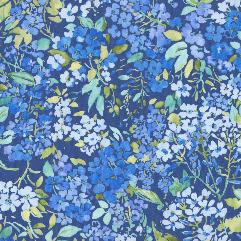 packed pattern of lapis, periwinkle, and iris blue florals with green and teal hued leaves on a navy background.
