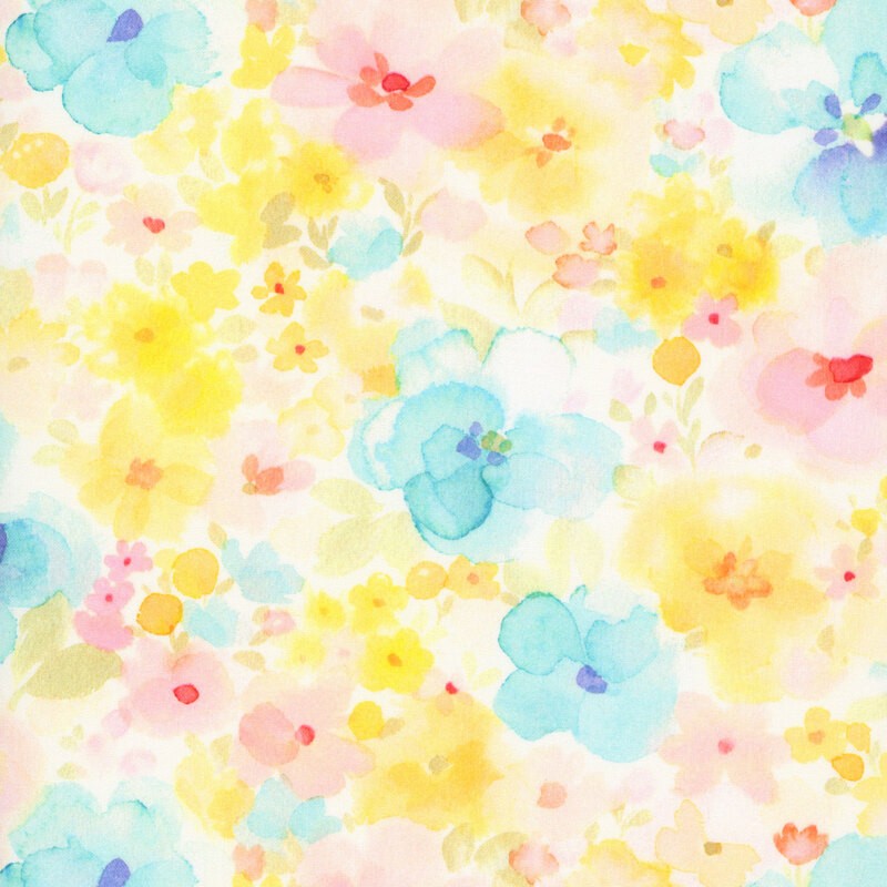 light pink, bright aqua, and yellow watercolor florals on a white background.