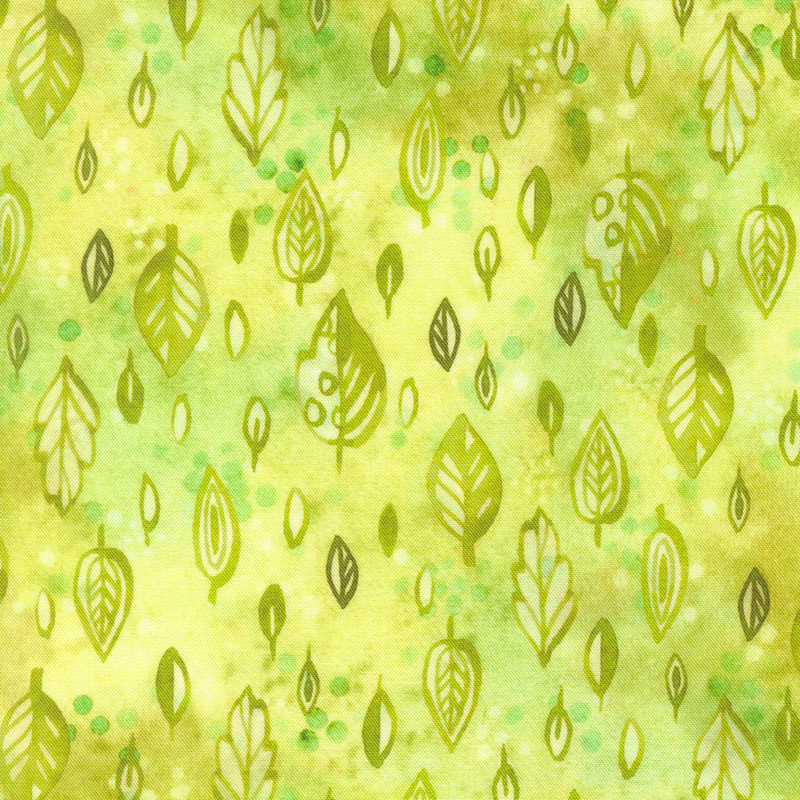 mottled lime green fabric with stylized watercolor leaves scattered throughout.