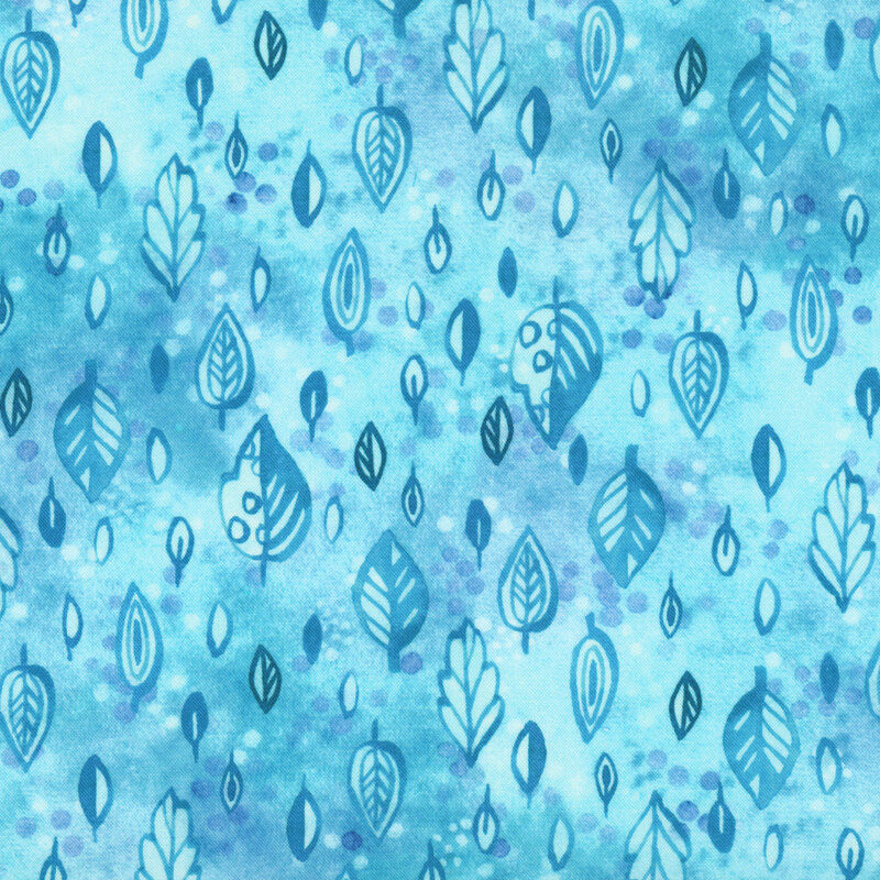 mottled ocean blue fabric with stylized watercolor leaves scattered throughout.