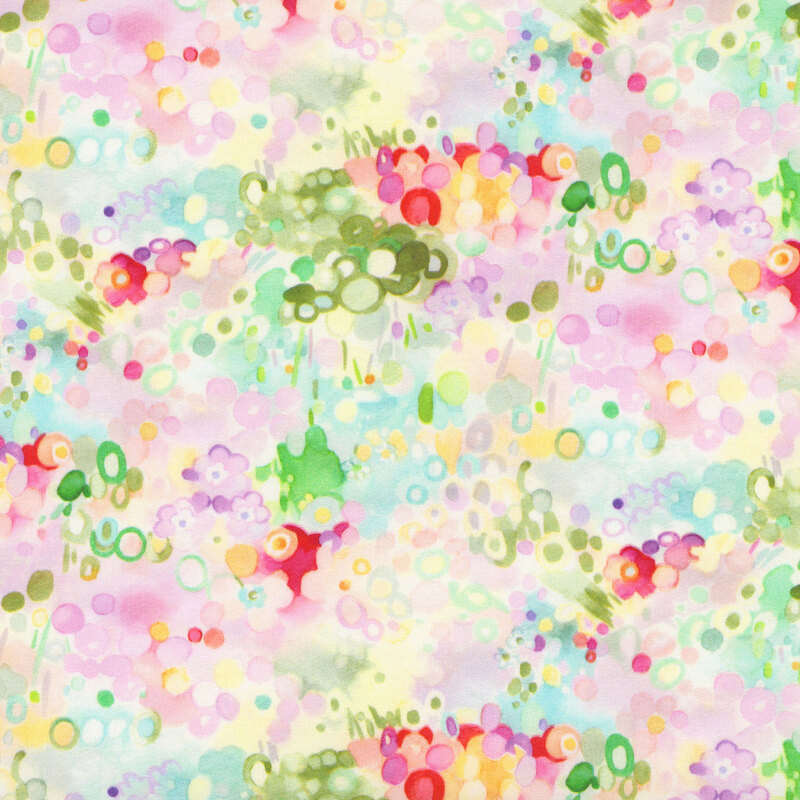 watercolor florals and droplets in hues of pink, red, green, yellow, and aqua