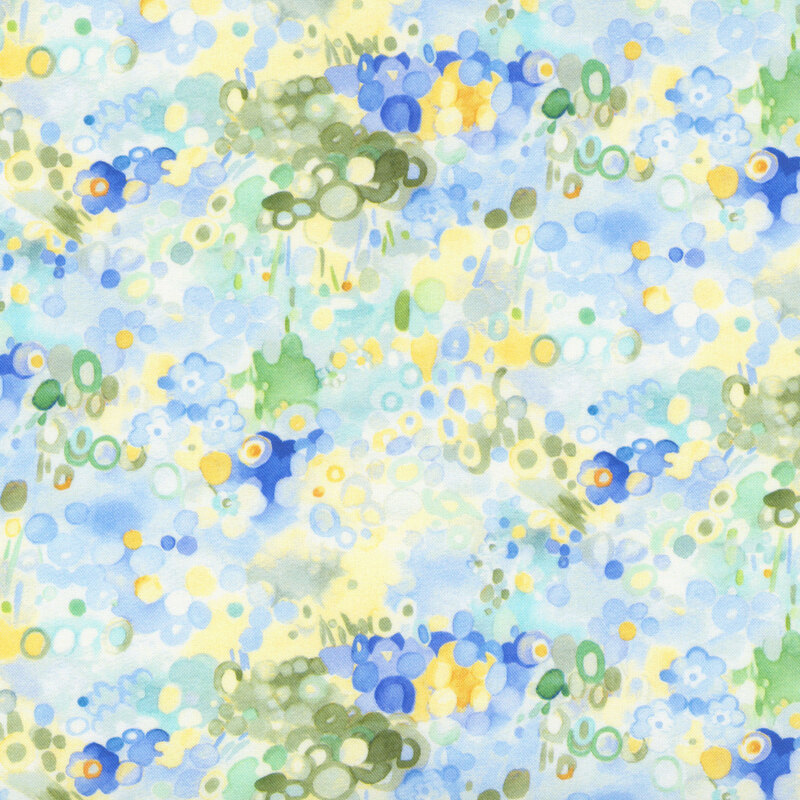 watercolor florals and droplets in hues of yellow, green, blue, and aqua