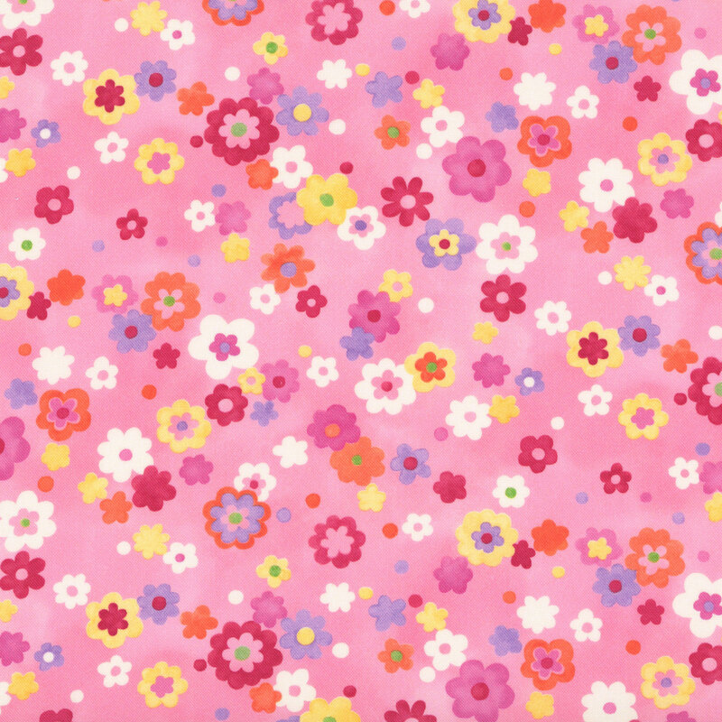 purple, white, yellow, pink, and orange florals and dots scattered on a mottled pink background