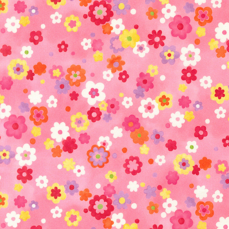 purple, white, yellow, pink, and orange florals and dots scattered on a mottled pink background